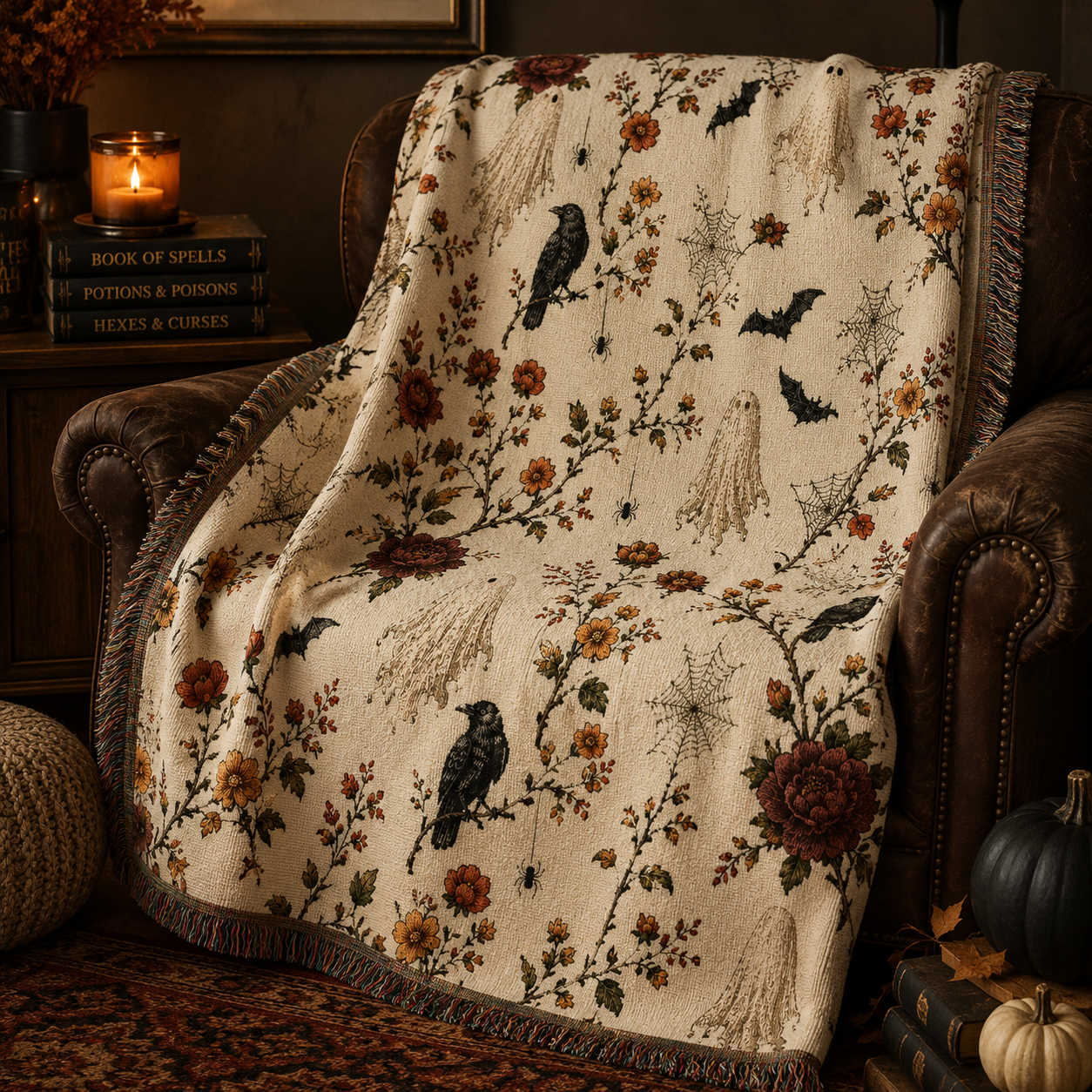 Raven & Floral Woven Blanket