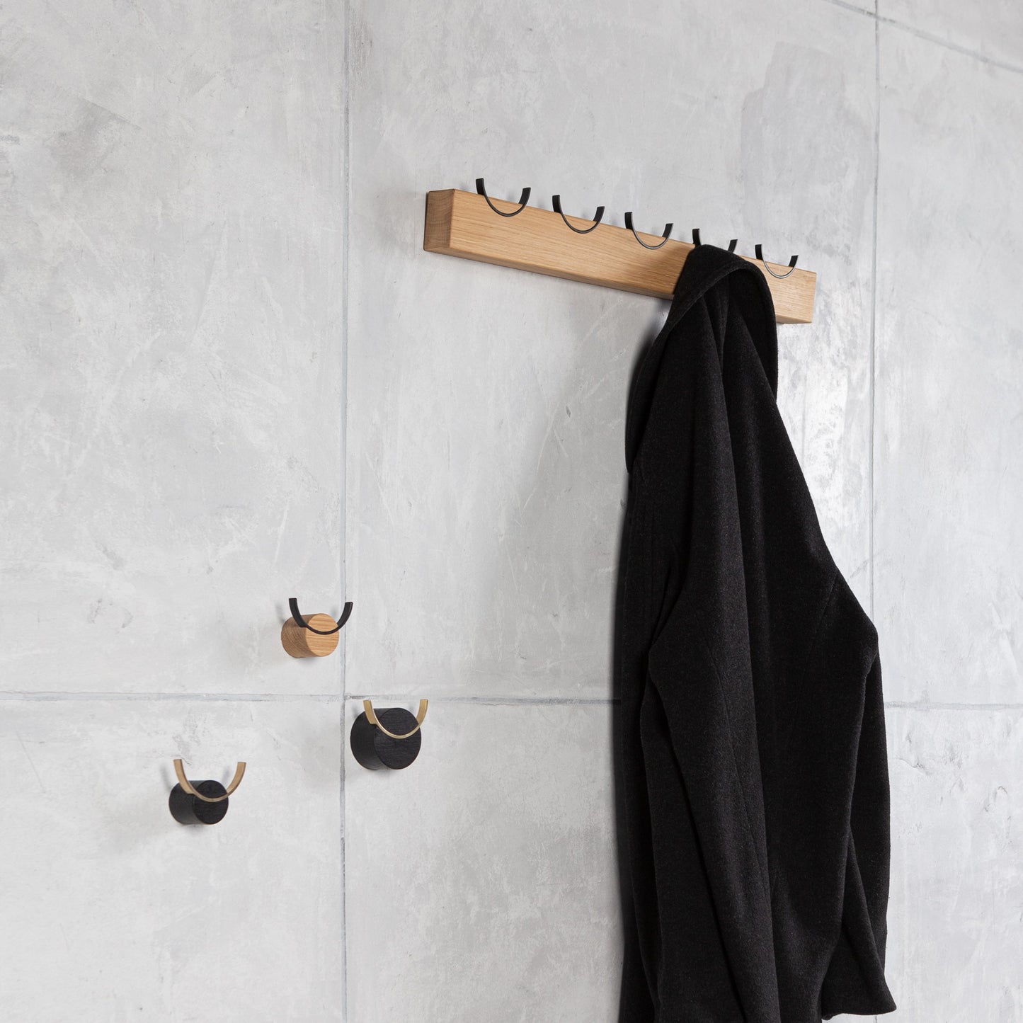 Wooden Coat Rack with Brass, Steel, or Black Painted Steel Hooks