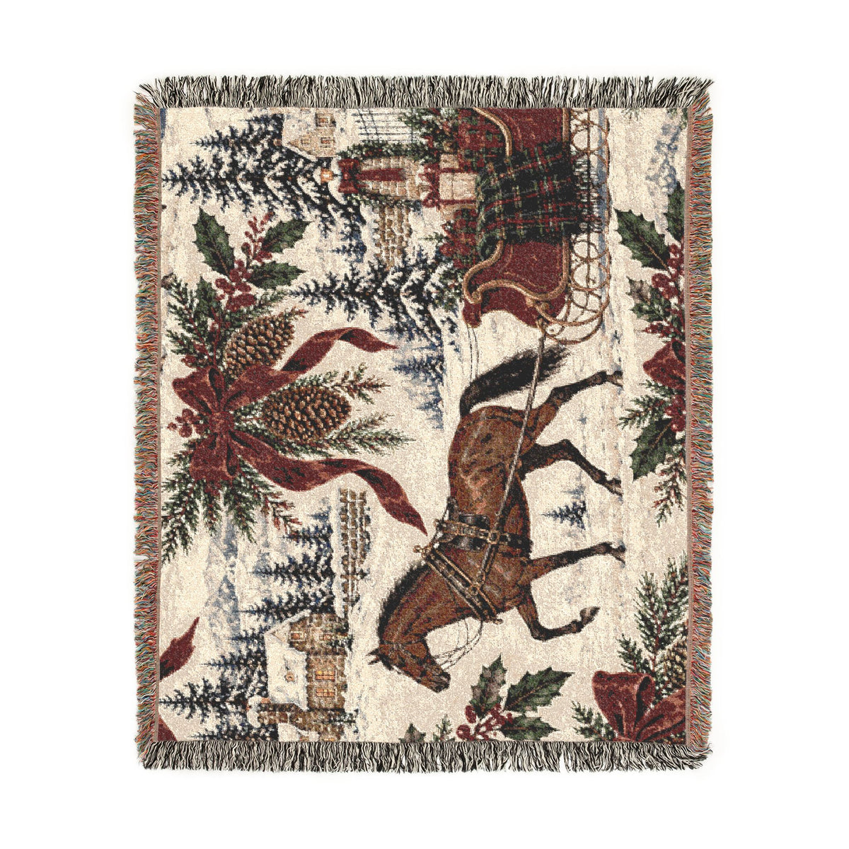Horse & Sleigh Christmas Woven Blanket | Vintage Holiday Throw