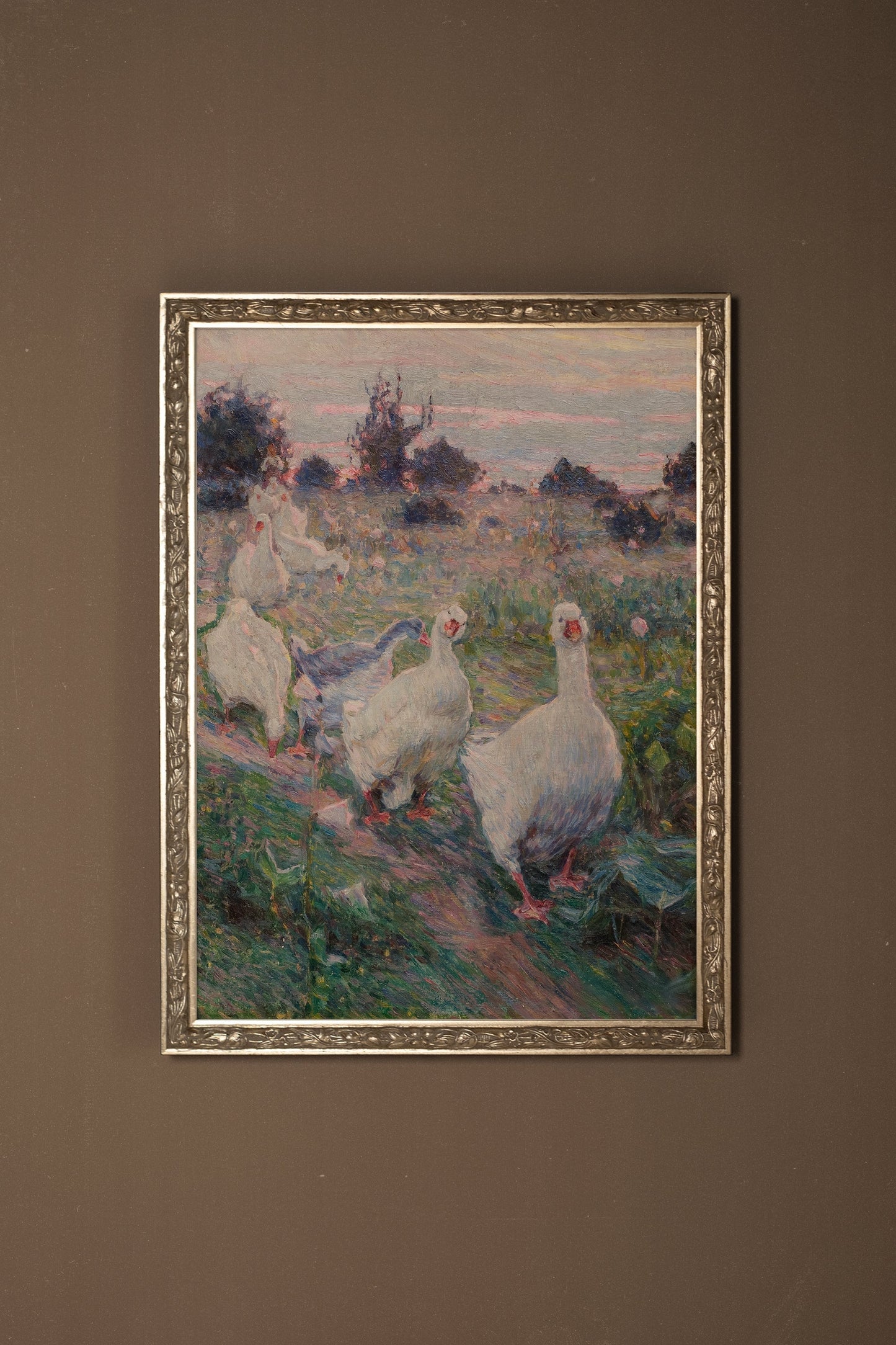 FEATHERS IN THE WIND -Artwork on rigid canvas, framed in Vintage Silver