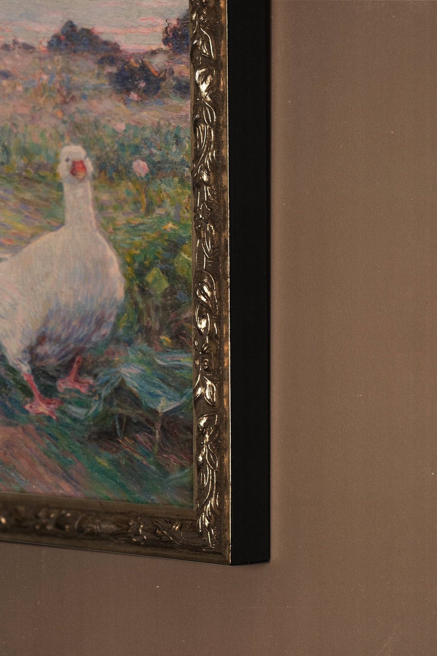 FEATHERS IN THE WIND -Artwork on rigid canvas, framed in Vintage Silver