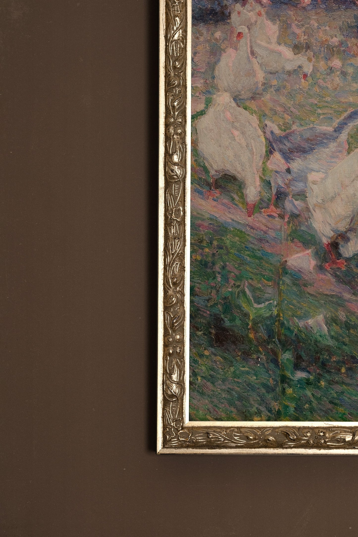 FEATHERS IN THE WIND -Artwork on rigid canvas, framed in Vintage Silver