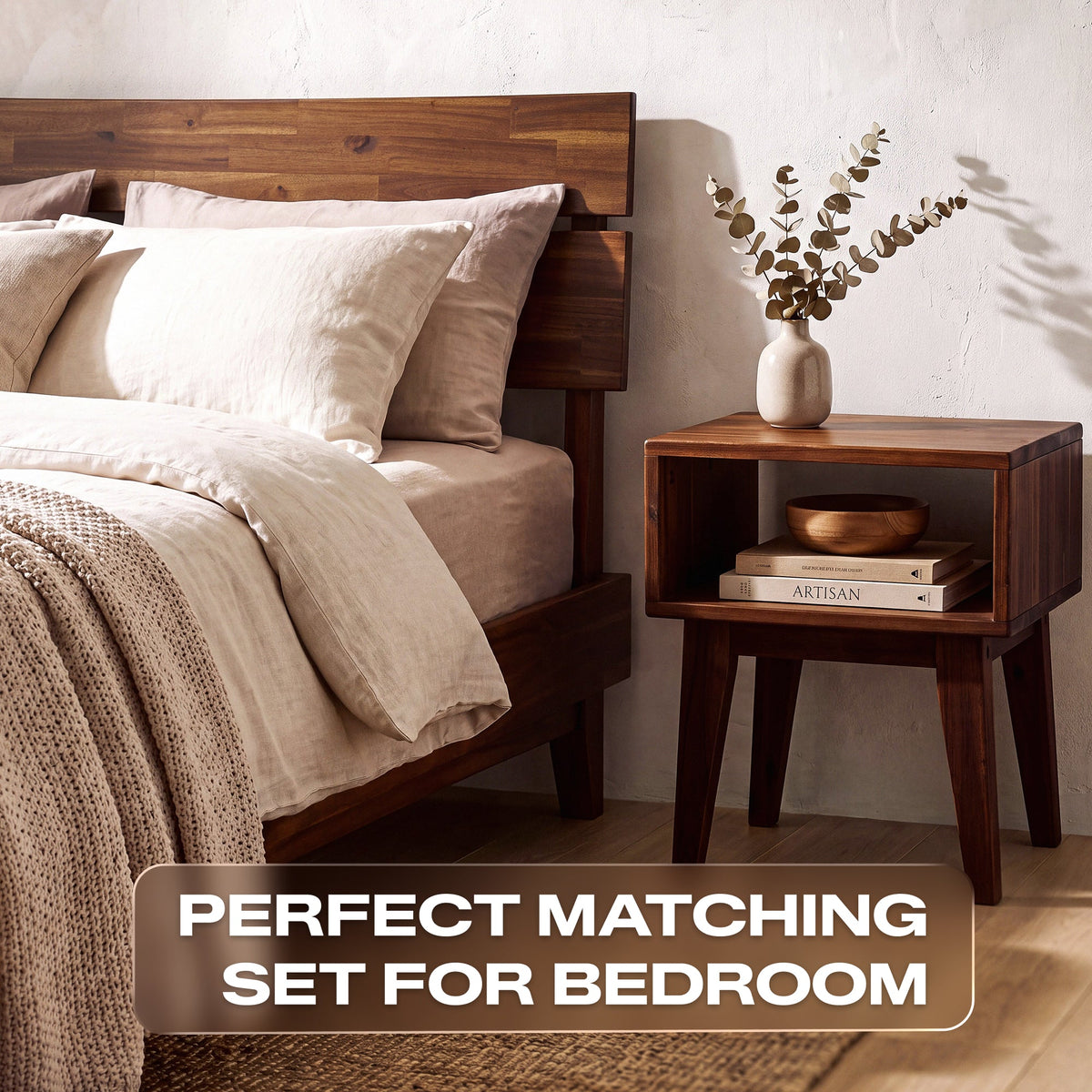 [Buy 1 Get 1] Aurora Solid Wood Bed Frame & Nightstand