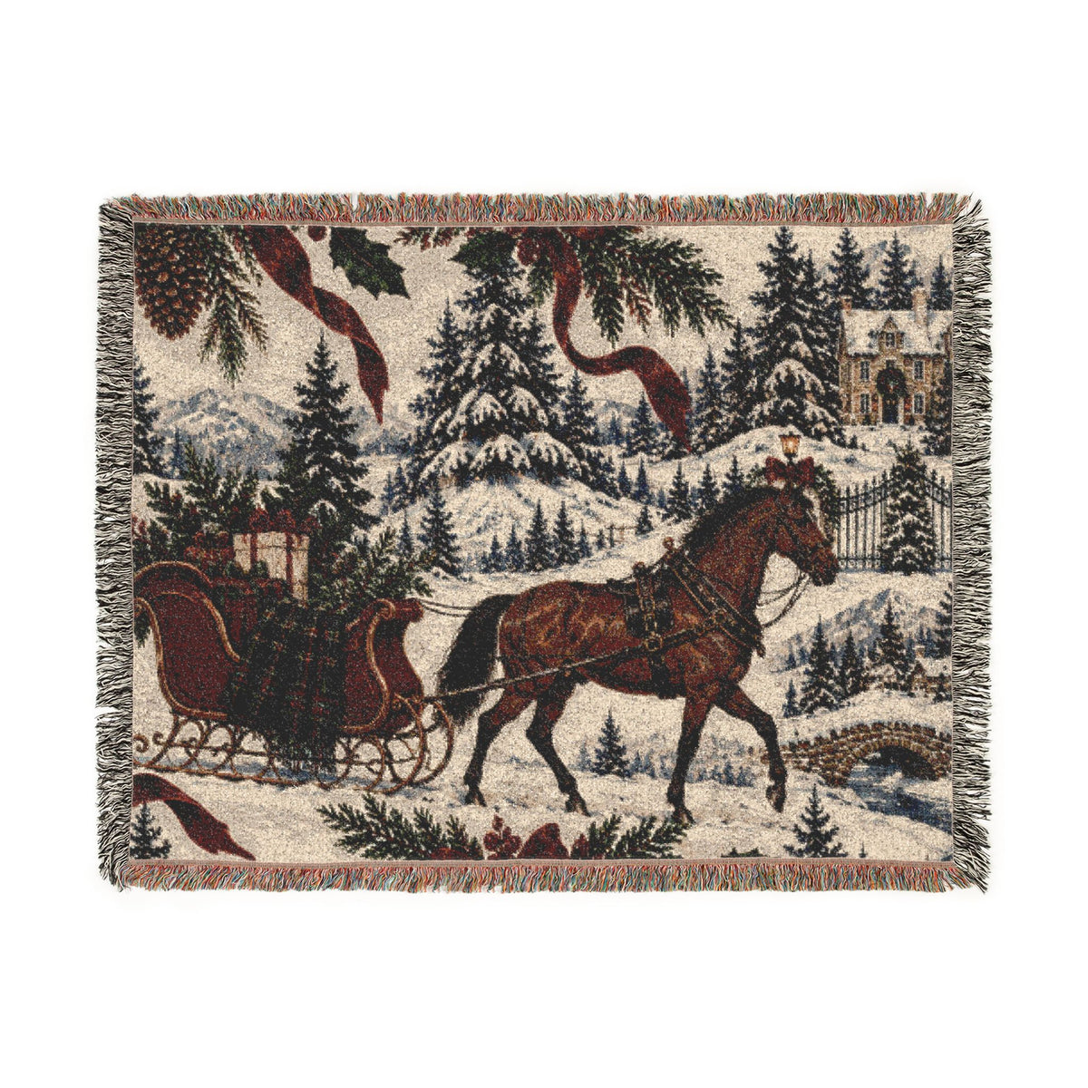 Horse & Sleigh Christmas Woven Blanket | Vintage Holiday Throw