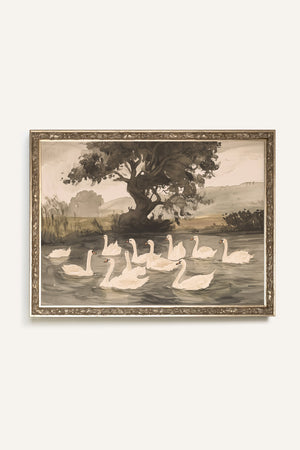 SWAN BALLET, artwork on rigid canvas, framed in Vintage Silver
