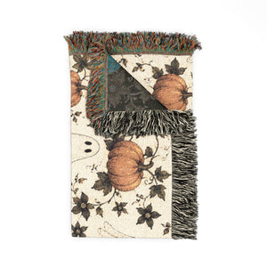 Halloween Ghost & Pumpkin Woven Blanket – Reversible Fall Throw for Cozy Seasonal Decor
