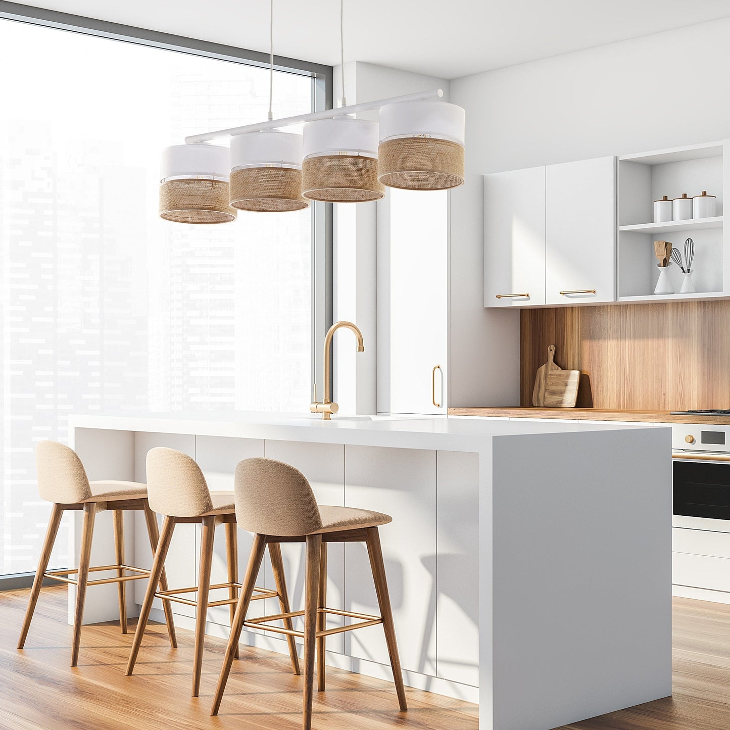 Linobianco 4-Light Linear Pendant with Linen & Jute Shades for Kitchen Island & Dining Table
