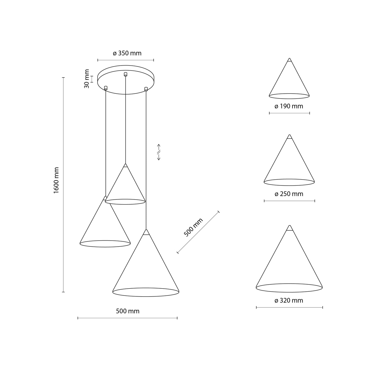 CONO Mix 3-Light Steel Cone Pendant for Kitchen Island & Dining Table