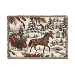 Horse & Sleigh Christmas Woven Blanket | Vintage Holiday Throw