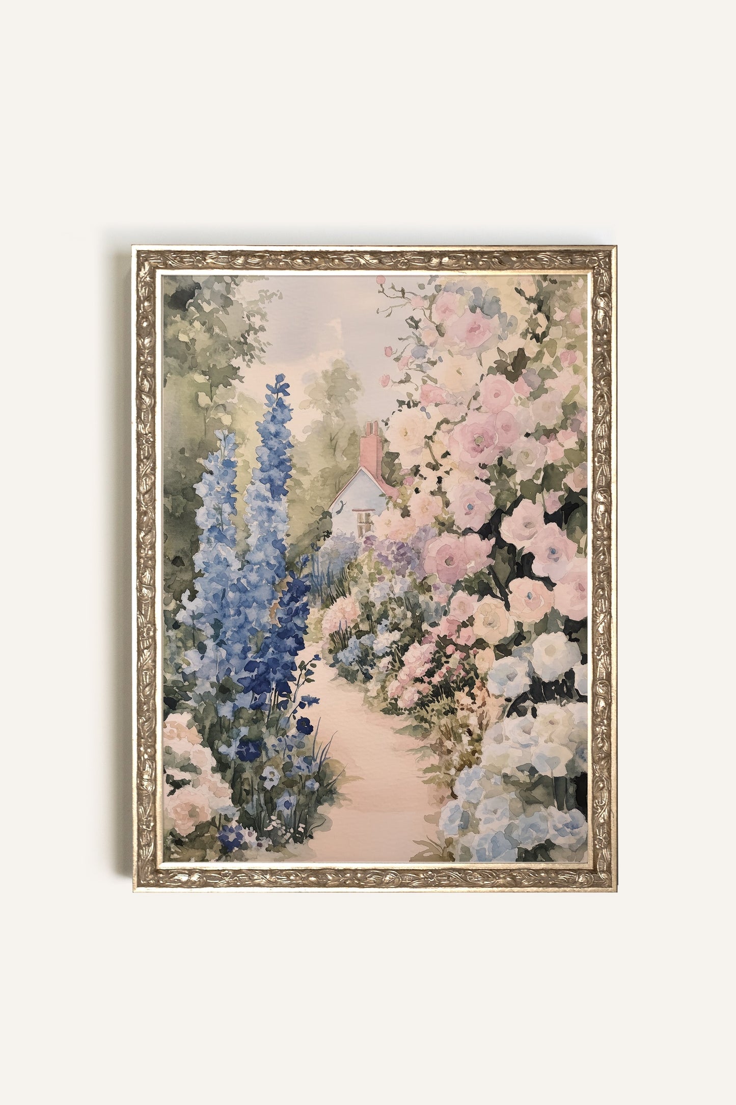 FLOWERED PATH -Artwork on rigid canvas, framed in Vintage Silver
