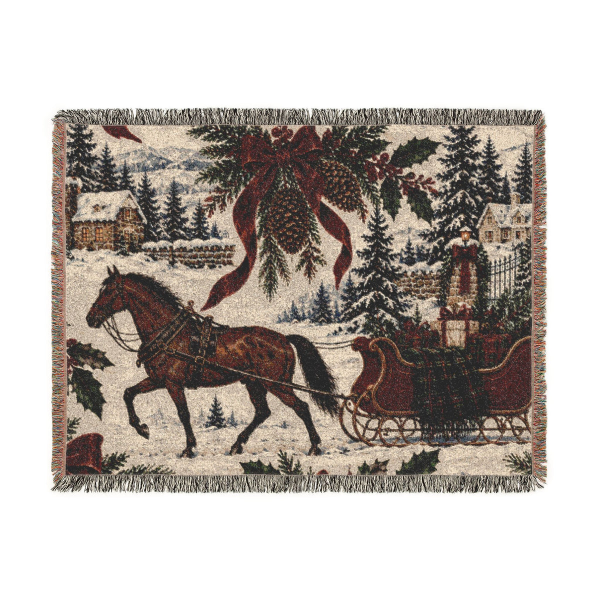 Horse & Sleigh Christmas Woven Blanket | Vintage Holiday Throw