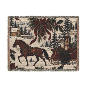 Horse & Sleigh Christmas Woven Blanket | Vintage Holiday Throw