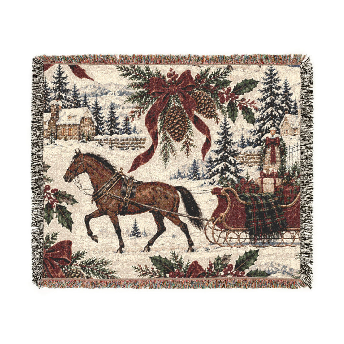 Horse & Sleigh Christmas Woven Blanket | Vintage Holiday Throw