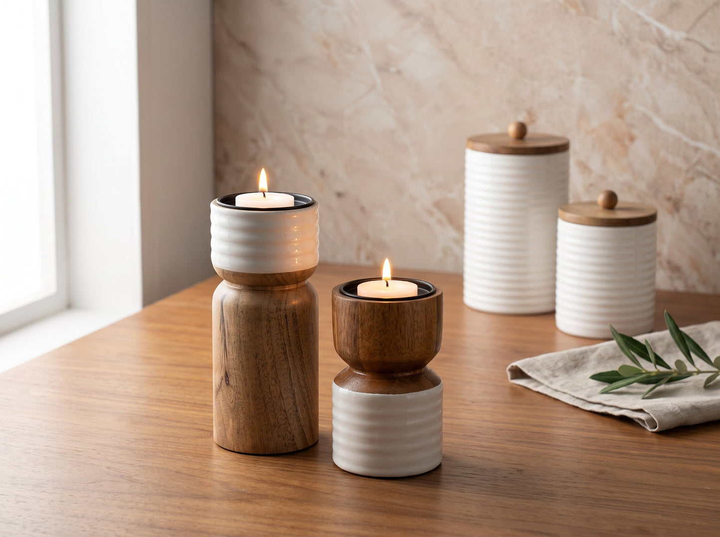 Candle Holder with White Enamel, Set of 2