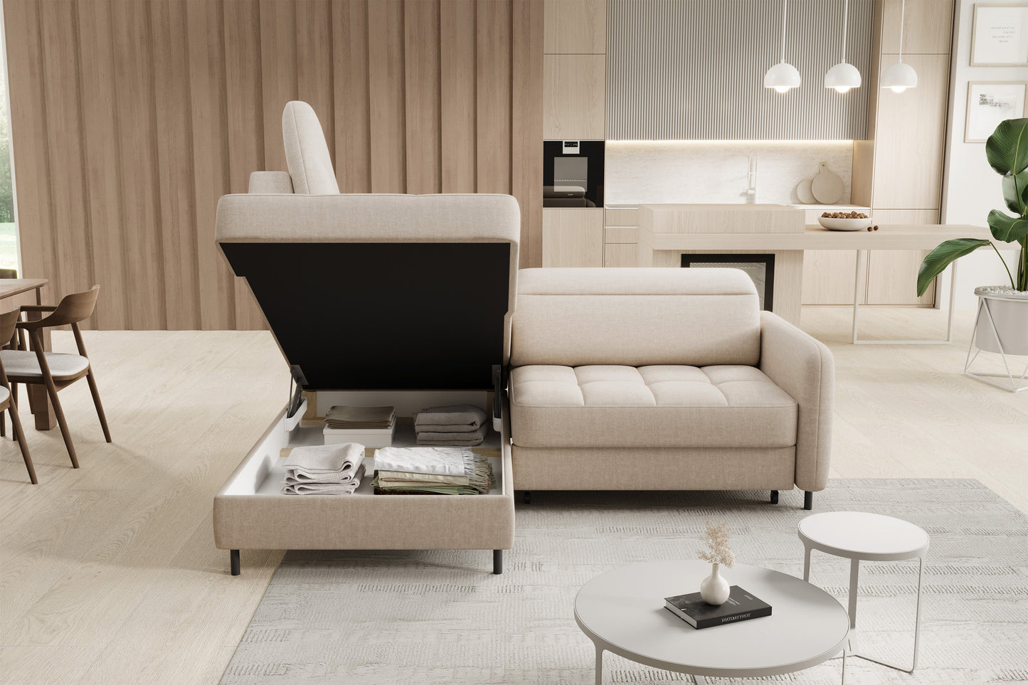 Barea 3 Seater Storage Sleeper Chaise Sofa - Beige