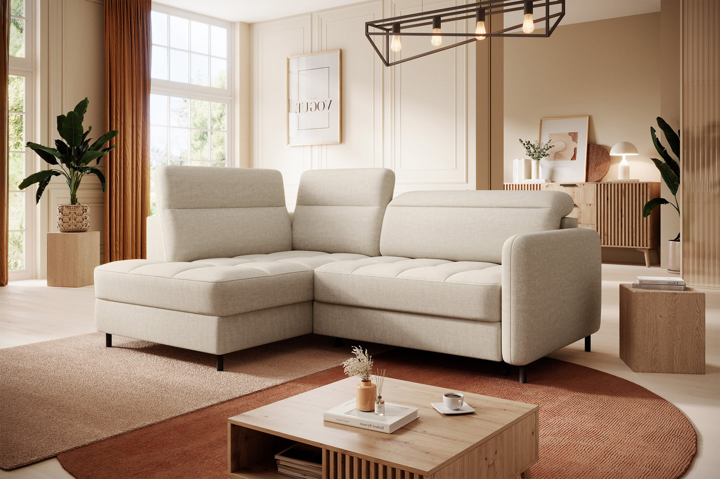 Barea 3 Seater Storage Sleeper Chaise Sofa - Beige