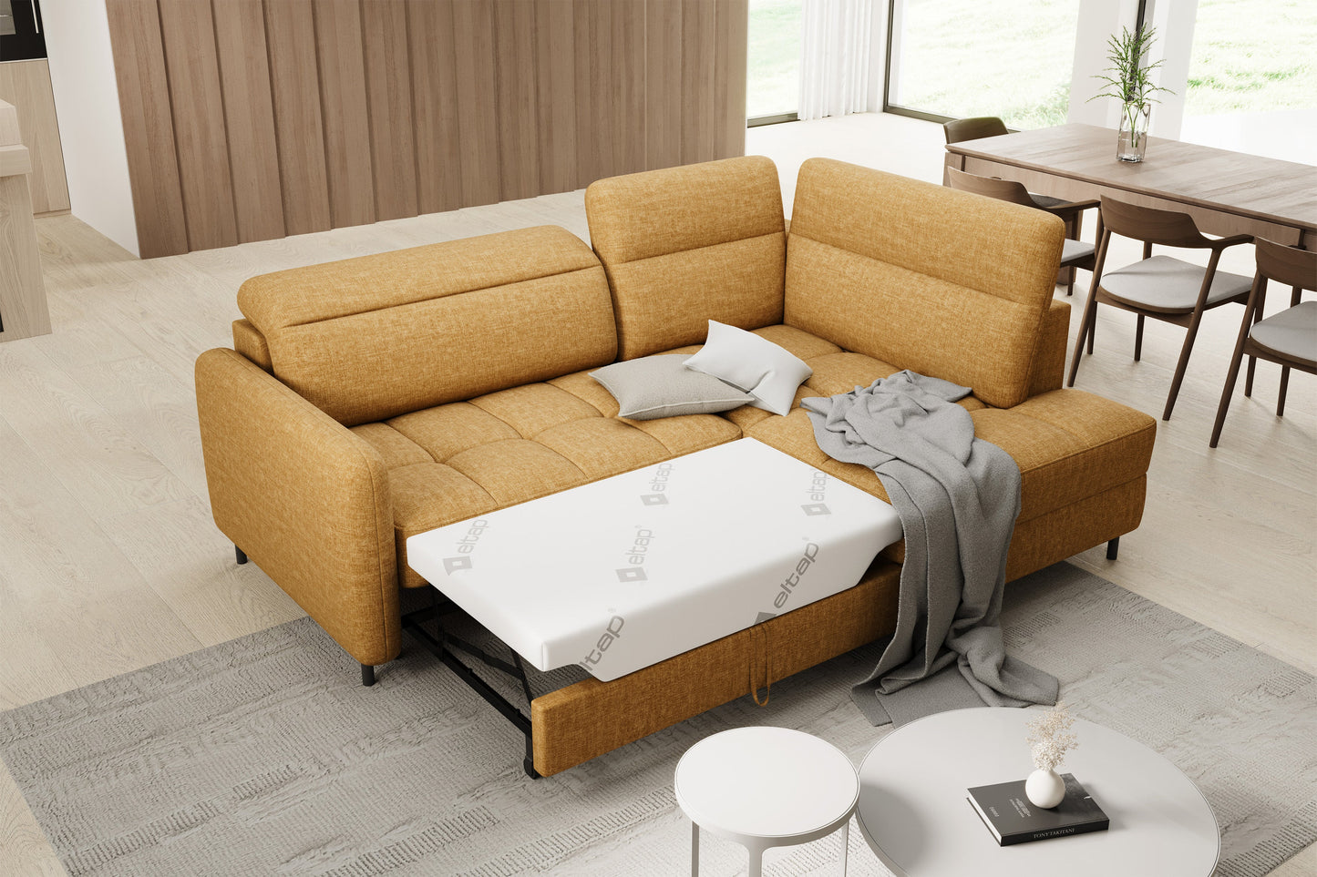 Barea 3 Seater Storage Sleeper Chaise Sofa - Mustard
