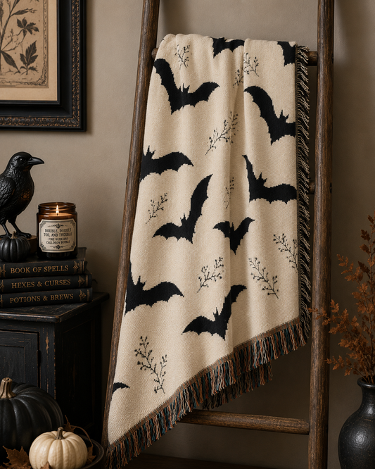 Bats Woven Blanket — Halloween Throw with Flying Bat Pattern