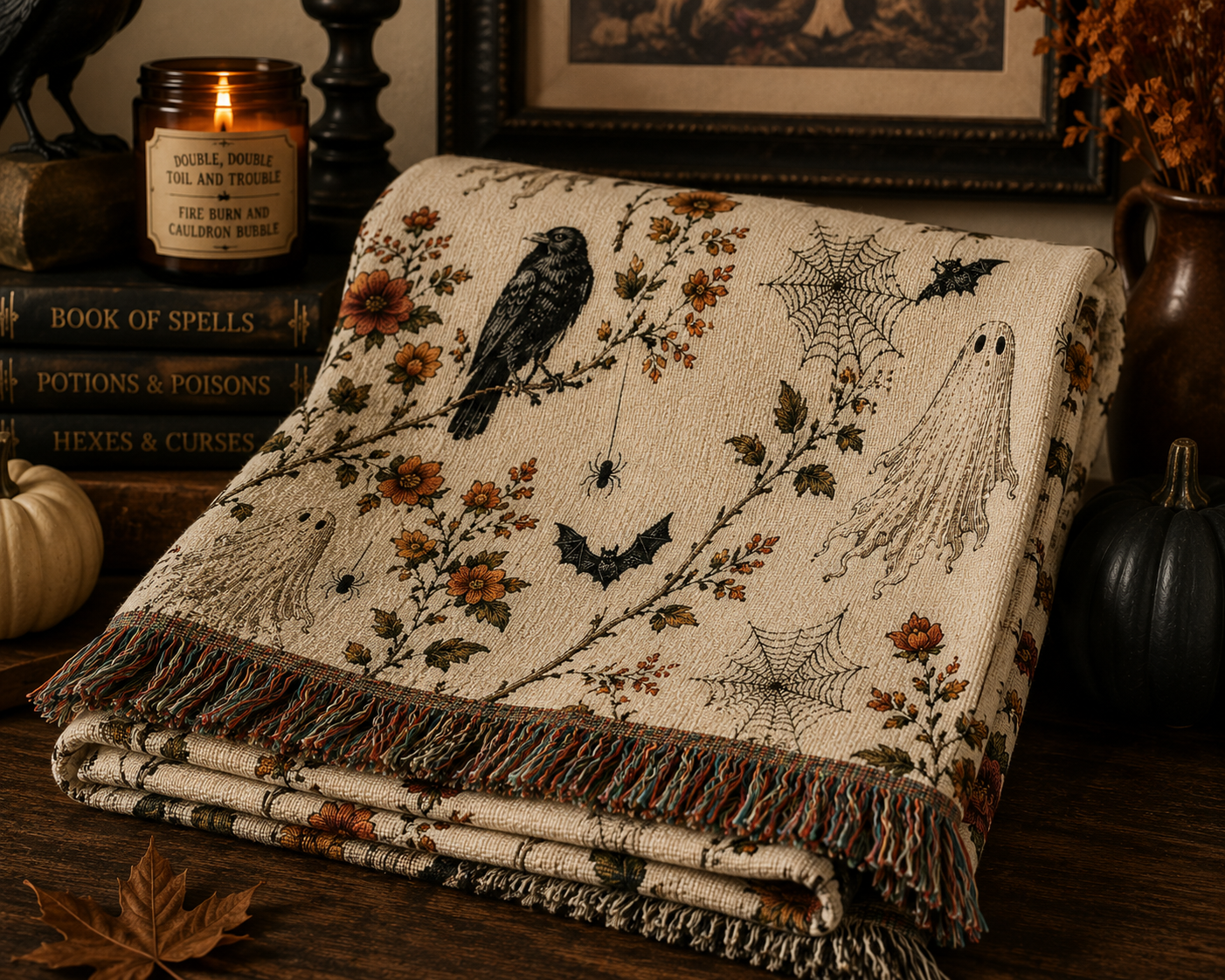 Raven & Floral Woven Blanket