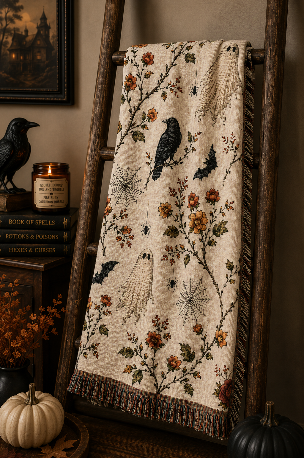 Raven & Floral Woven Blanket