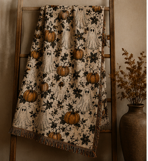 Halloween Ghost & Pumpkin Woven Blanket – Reversible Fall Throw for Cozy Seasonal Decor