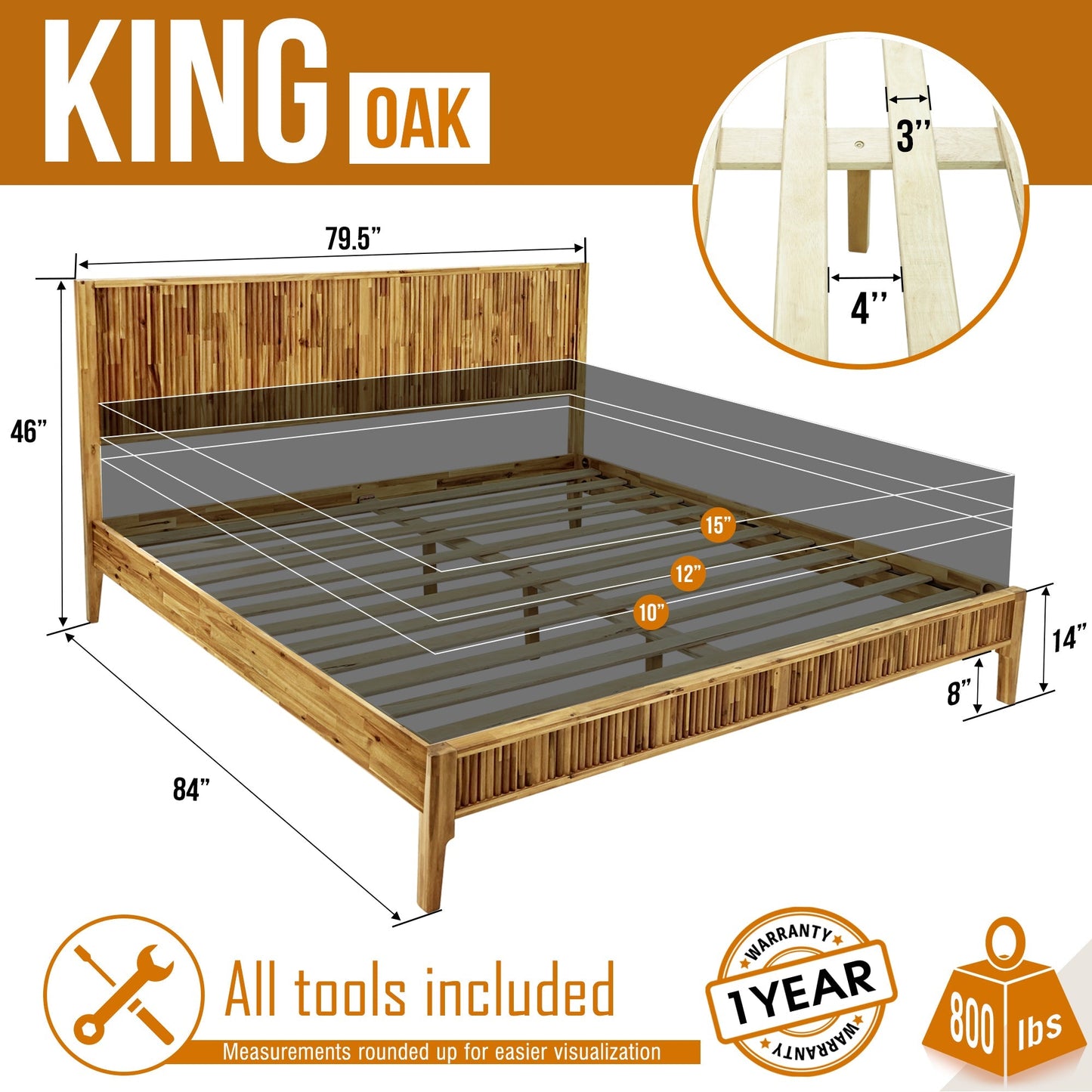 Megsu Bosk Acacia Wood Bed Frame with Headboard