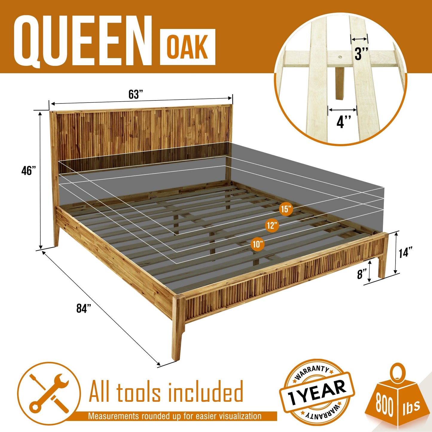 Megsu Bosk Acacia Wood Bed Frame with Headboard