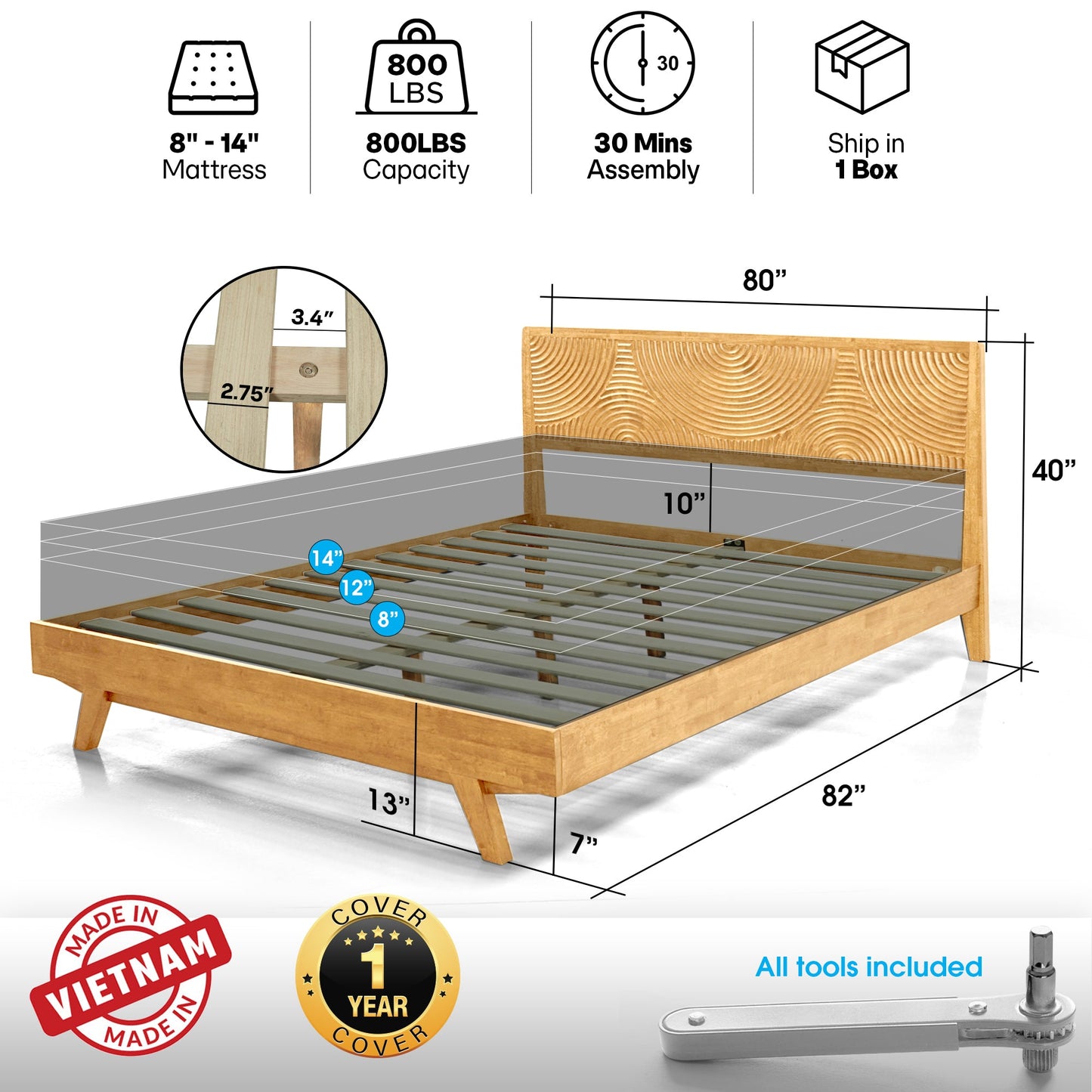 Harmony Solid Wood Platform Bed Frame