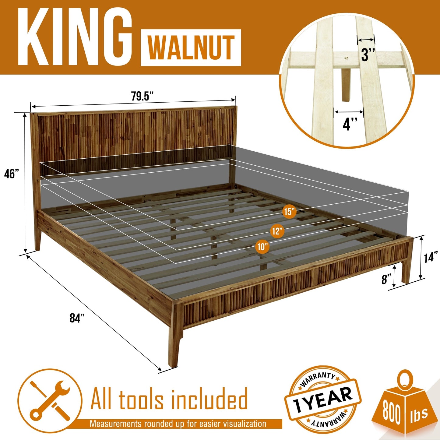 Megsu Bosk Acacia Wood Bed Frame with Headboard