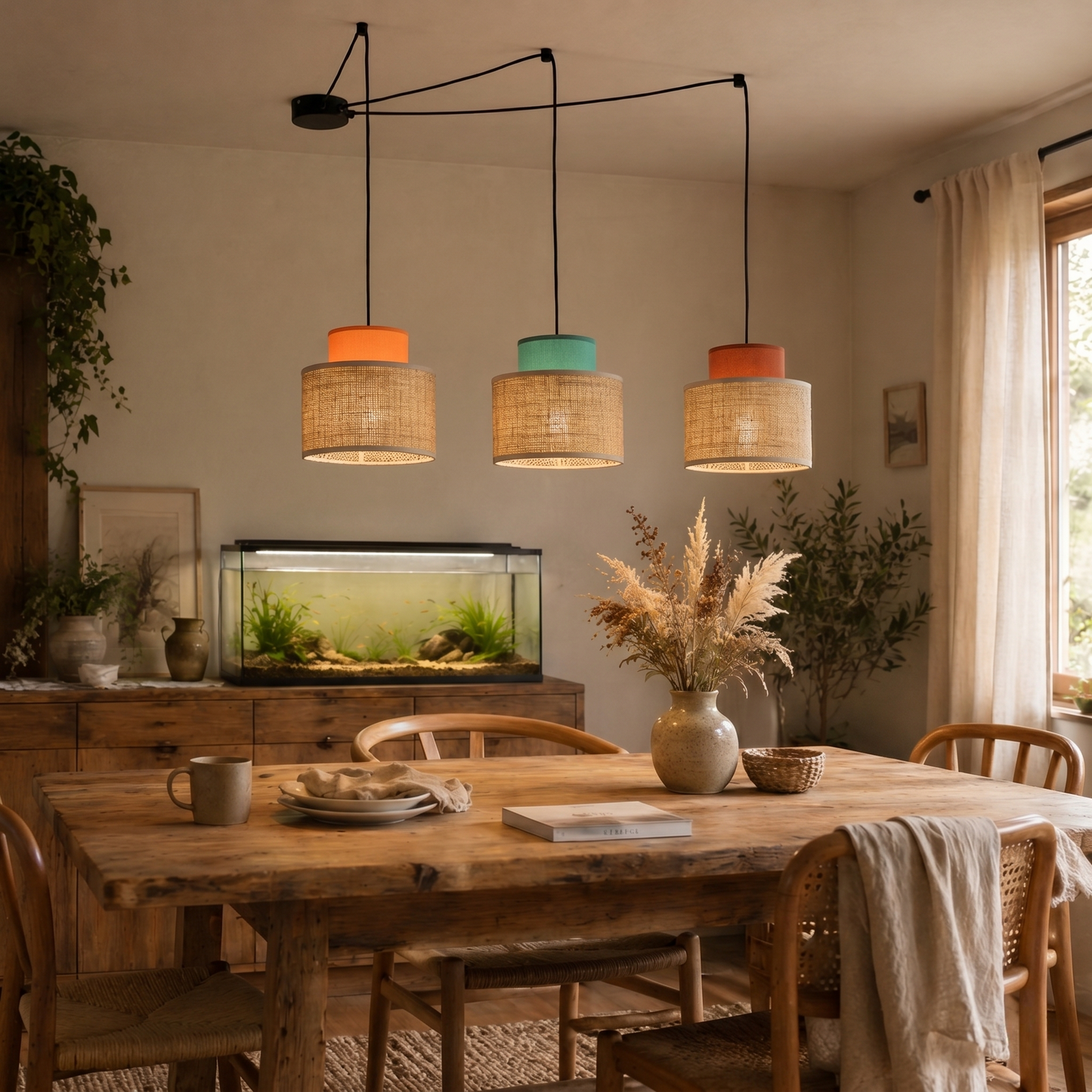DUO Jute Adjustable 3-Light Pendant for Dining Table & Kitchen Island