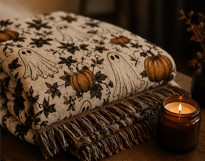 Halloween Ghost & Pumpkin Woven Blanket – Reversible Fall Throw for Cozy Seasonal Decor