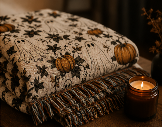Halloween Ghost & Pumpkin Woven Blanket – Reversible Fall Throw for Cozy Seasonal Decor