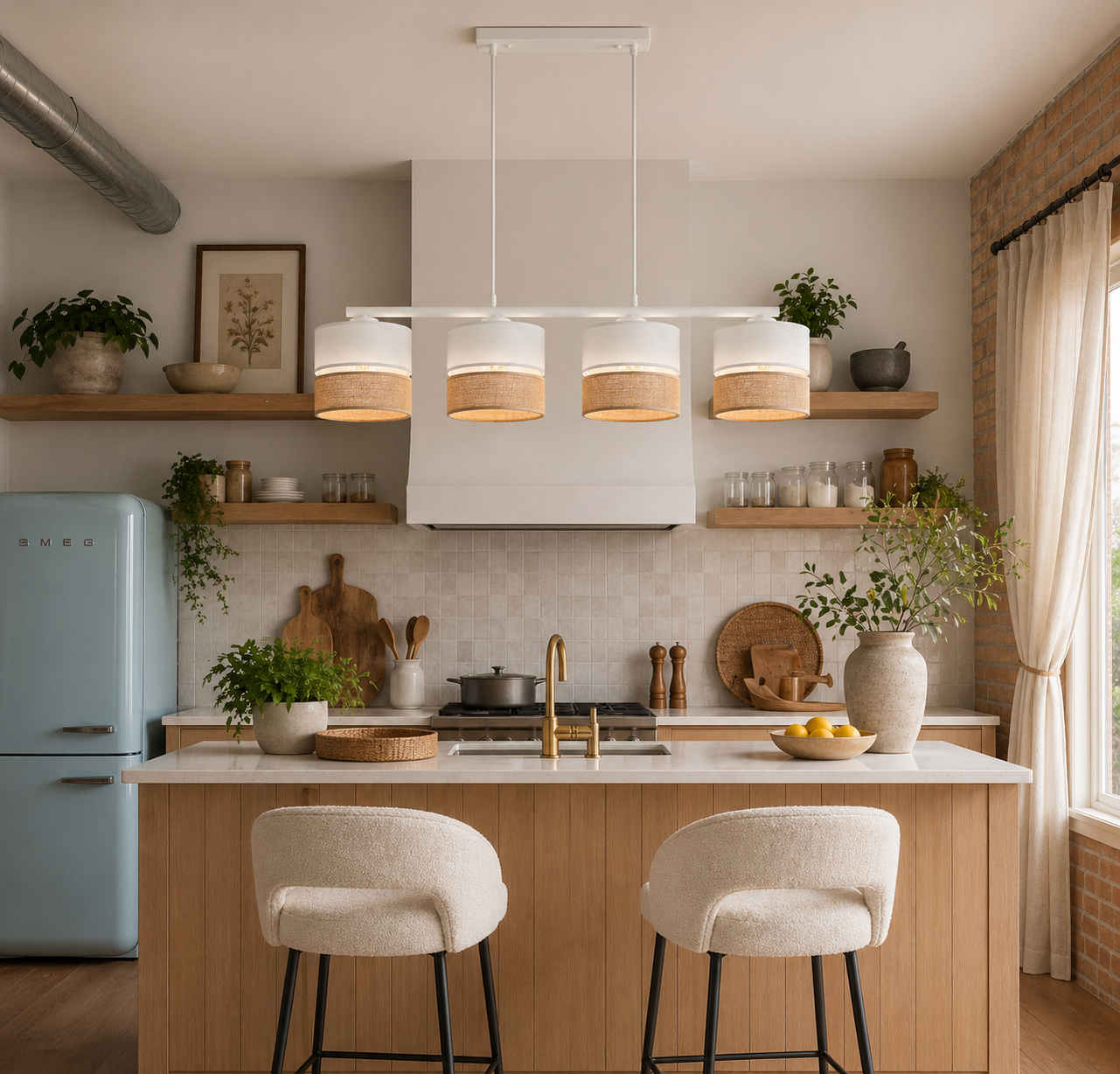Linobianco 4-Light Linear Pendant with Linen & Jute Shades for Kitchen Island & Dining Table