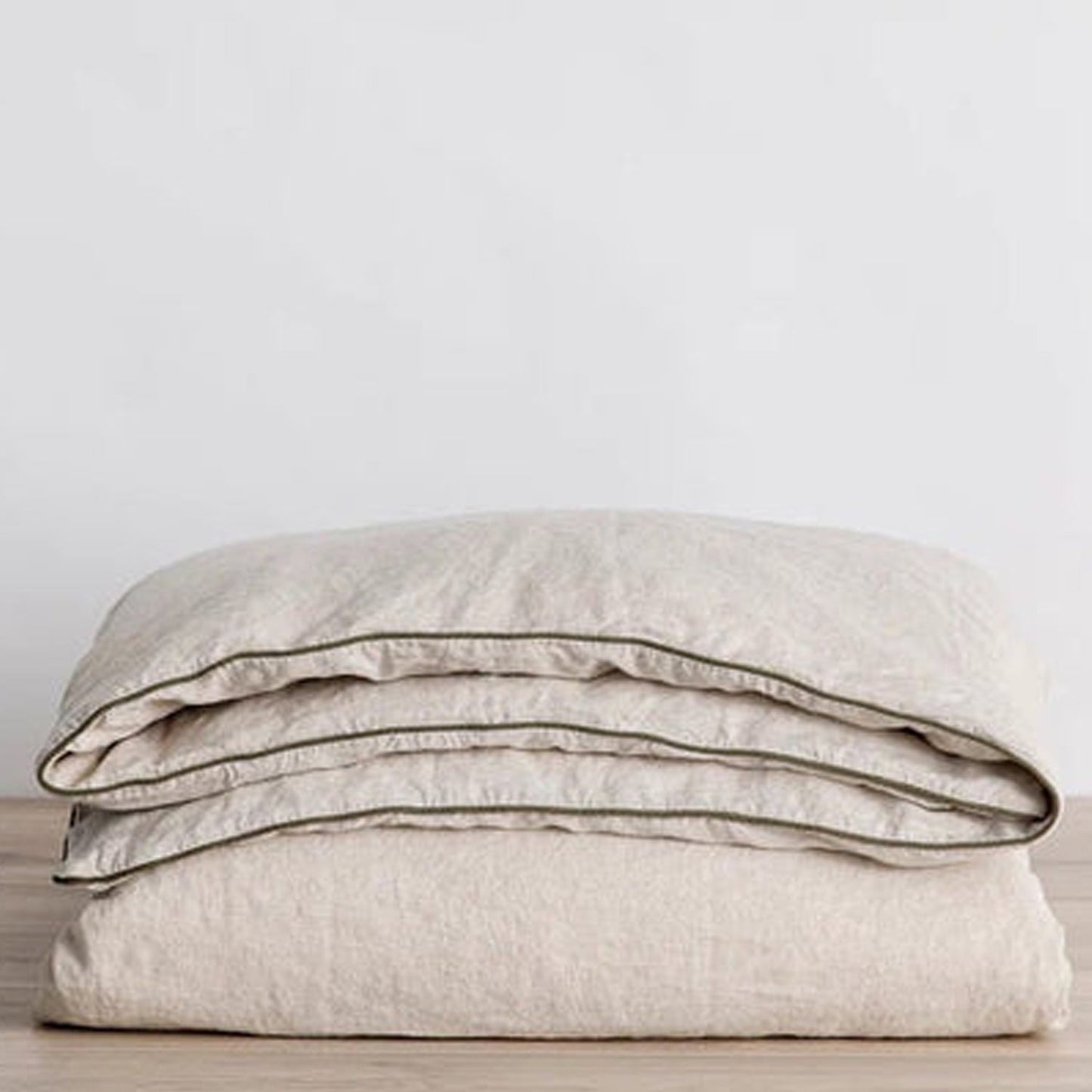 Natural Beige with Moss Green Piping - 100% Pure Linen or Linen Cotton | 3 Piece Piped Duvet Cover Set | Handmade | Pre-washed-2