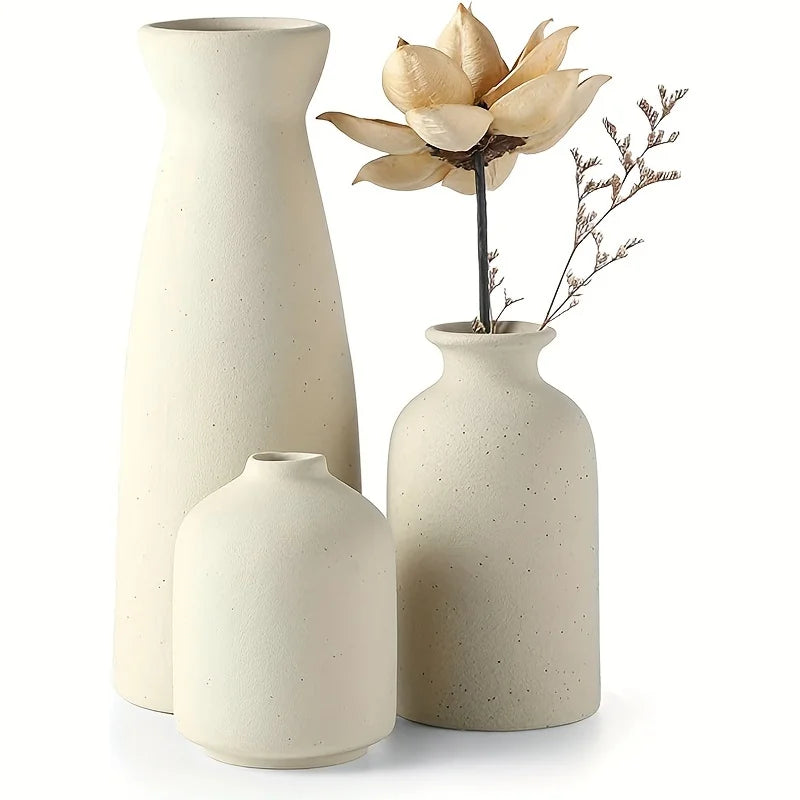 Set of 3 Ceramic Vases Rustic Farmhouse Decorative Beige-0
