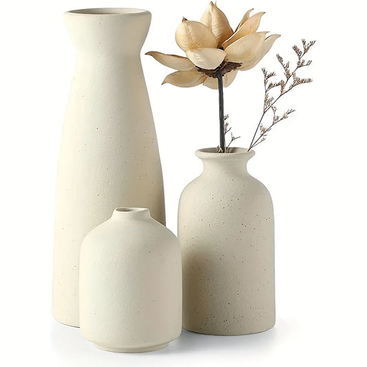 Set of 3 Ceramic Vases Rustic Farmhouse Decorative Beige-0