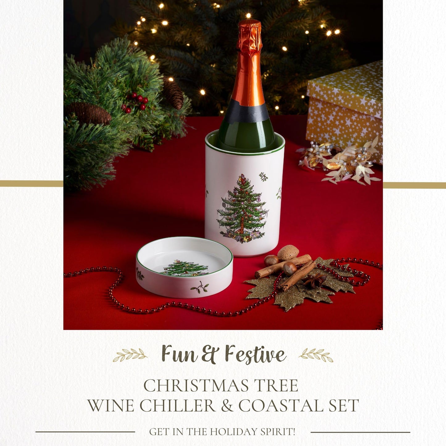 Spode - Christmas Tree |  2Pc Wine Chiller & Coaster Set