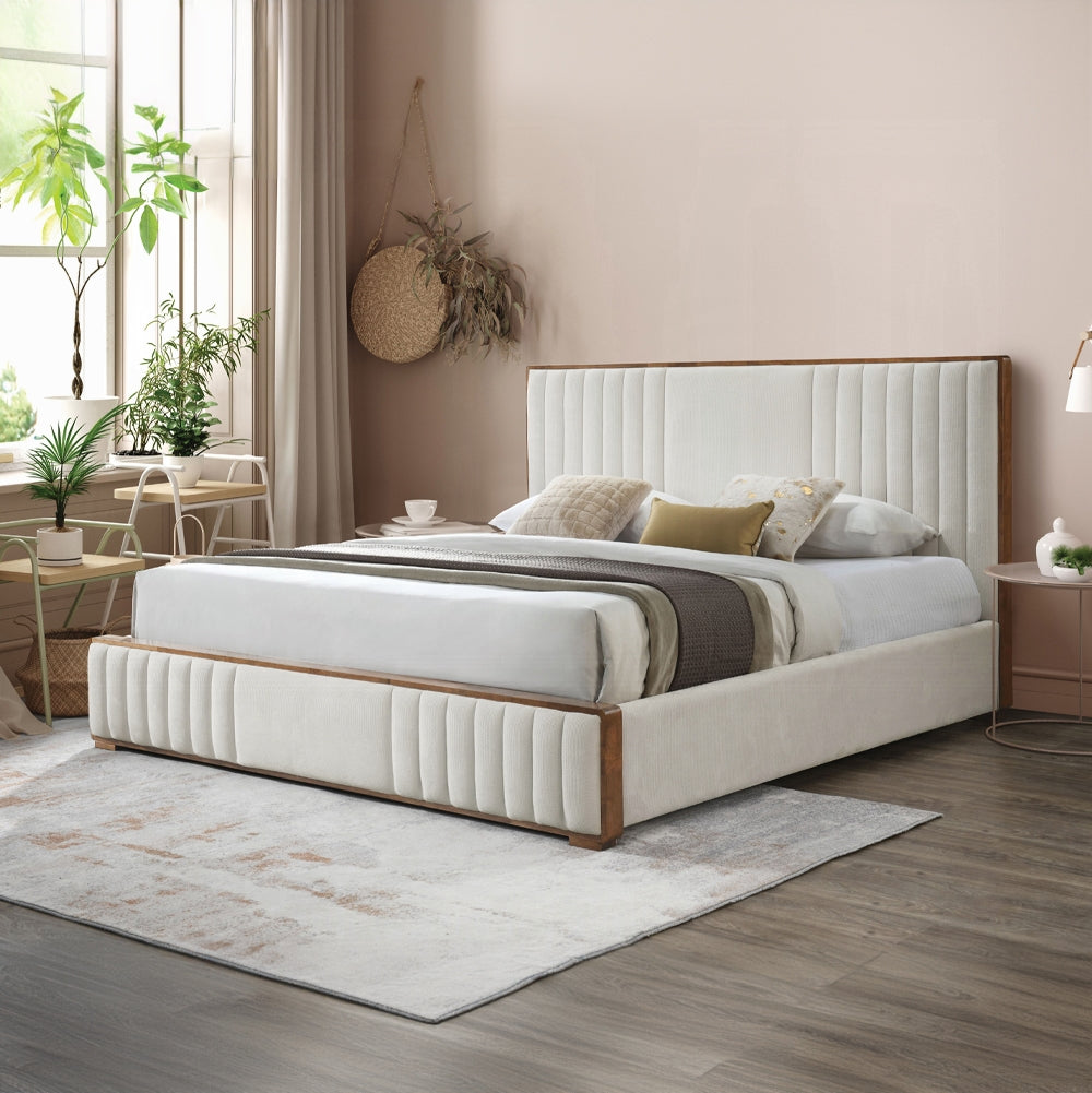 Mahi Upholstered Platform Bed - Beige/Walnut