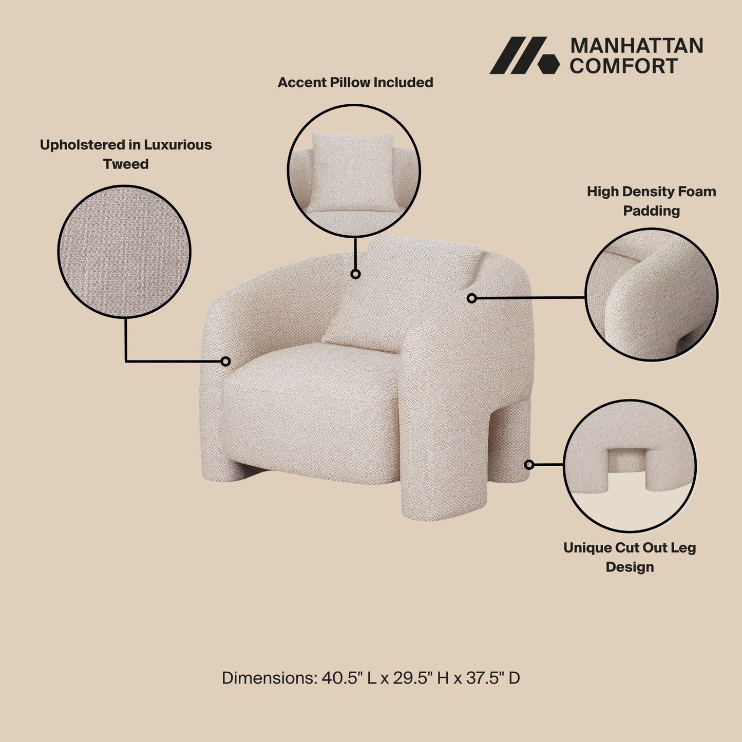 Chloe Pine Wood Tweed Accent Chair - Beige