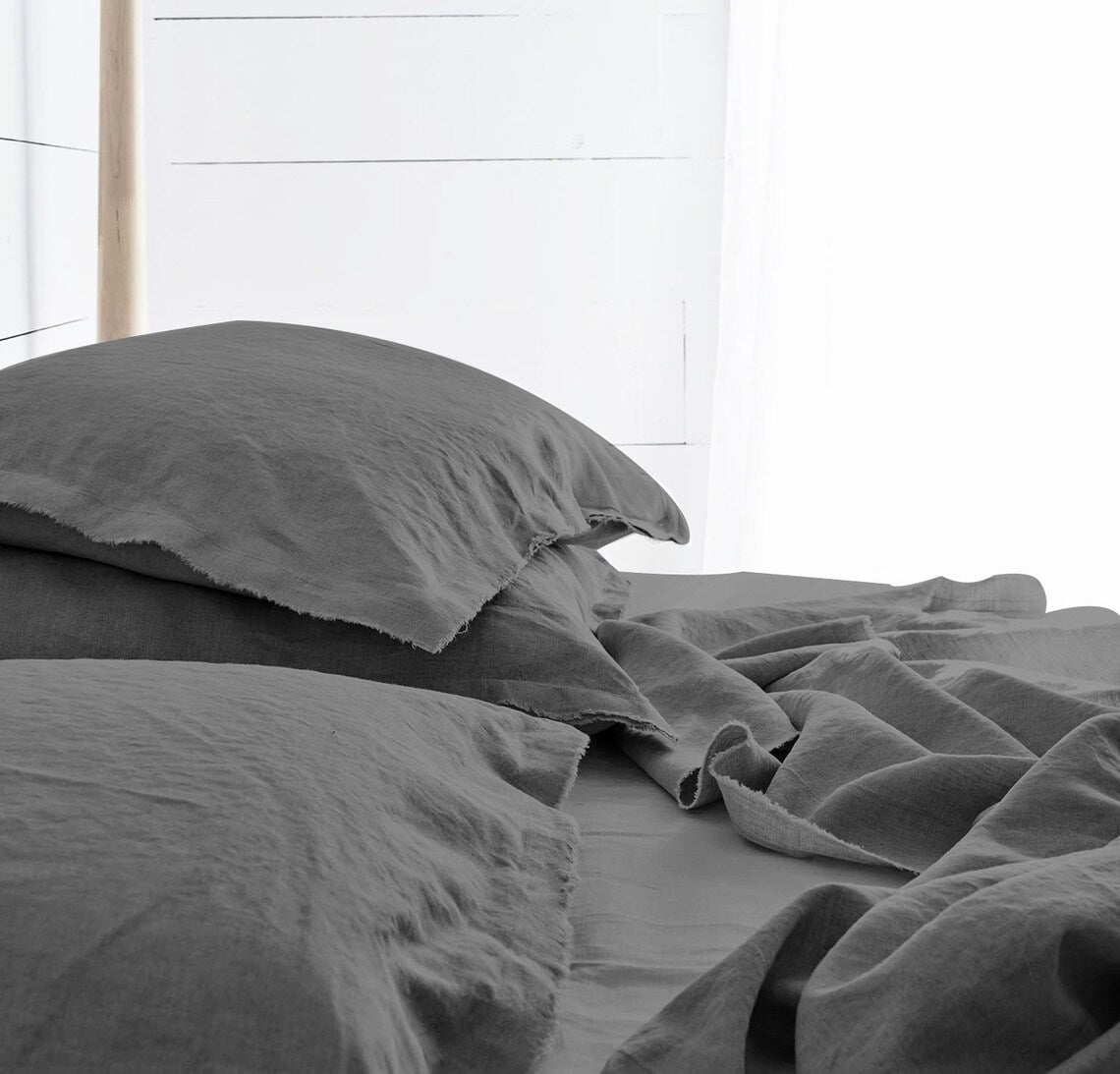 Raw Edged Light Grey - 100% Pure Linen | Linen Cotton Mix | 3 Piece Duvet Cover Set | 4 Piece Sheet Set | Handmade | Pre-washed | Soft-0