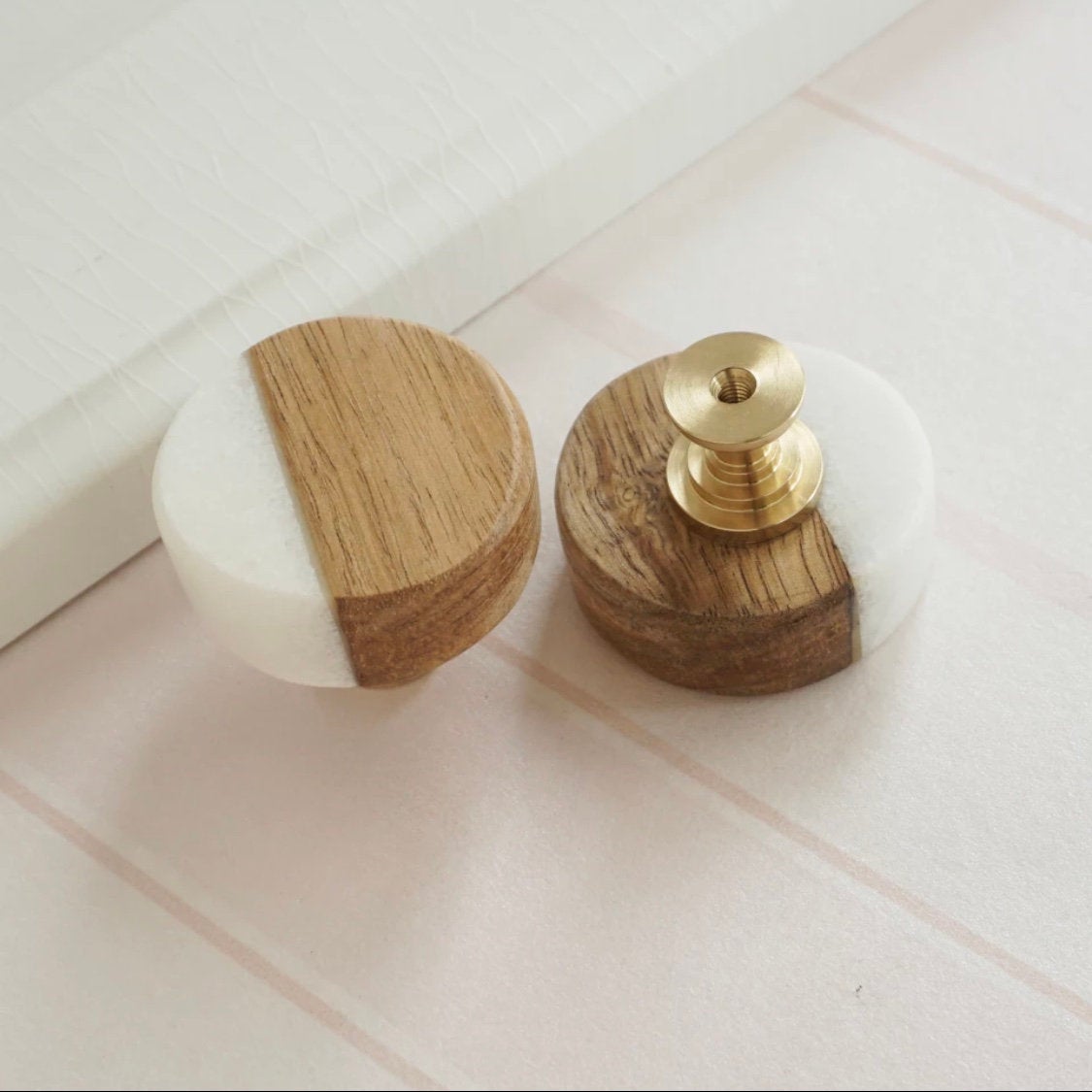 Handmade White Stone and Wood Cabinet Knobs