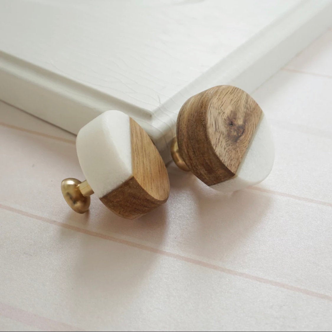Handmade White Stone and Wood Cabinet Knobs