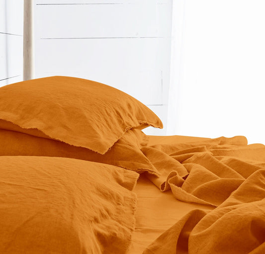 Raw Edged Mustard - 100% Pure Linen | Linen Cotton Mix | 3 Piece Duvet Cover Set | 4 Piece Sheet Set | Handmade | Pre-washed | Soft-0