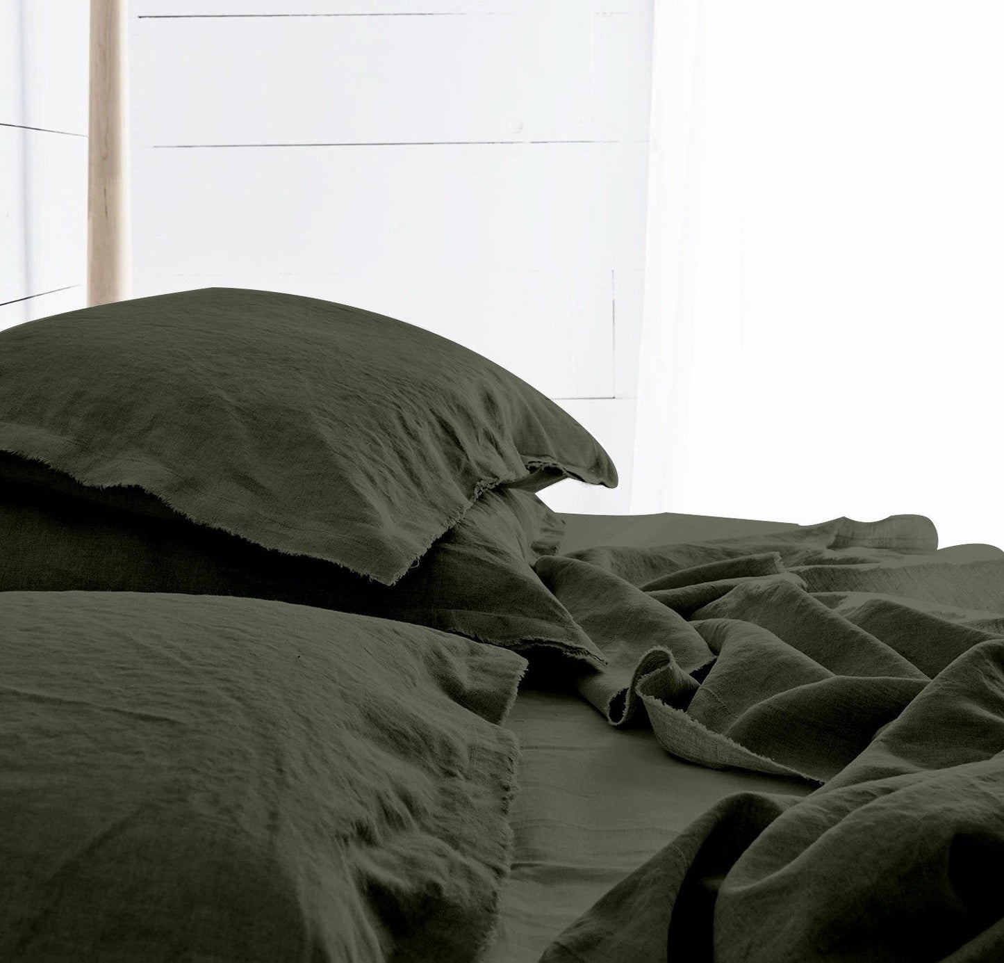 Raw Edged Moss Green - 100% Pure Linen | Linen Cotton Mix | 3 Piece Duvet Cover Set | 4 Piece Sheet Set | Handmade | Pre-washed | Soft-0