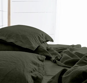 Raw Edged Moss Green - 100% Pure Linen | Linen Cotton Mix | 3 Piece Duvet Cover Set | 4 Piece Sheet Set | Handmade | Pre-washed | Soft-0