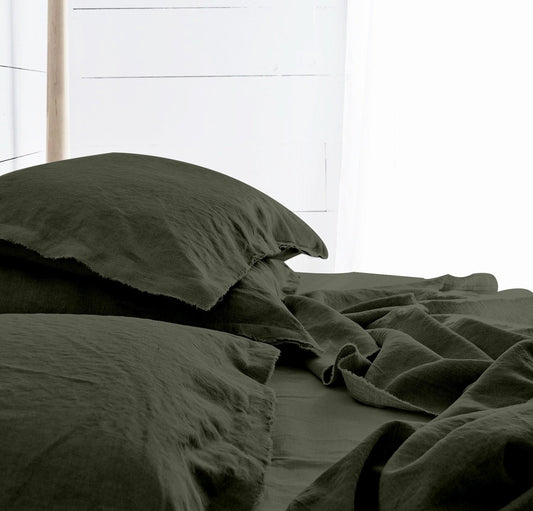 Raw Edged Moss Green - 100% Pure Linen | Linen Cotton Mix | 3 Piece Duvet Cover Set | 4 Piece Sheet Set | Handmade | Pre-washed | Soft-0