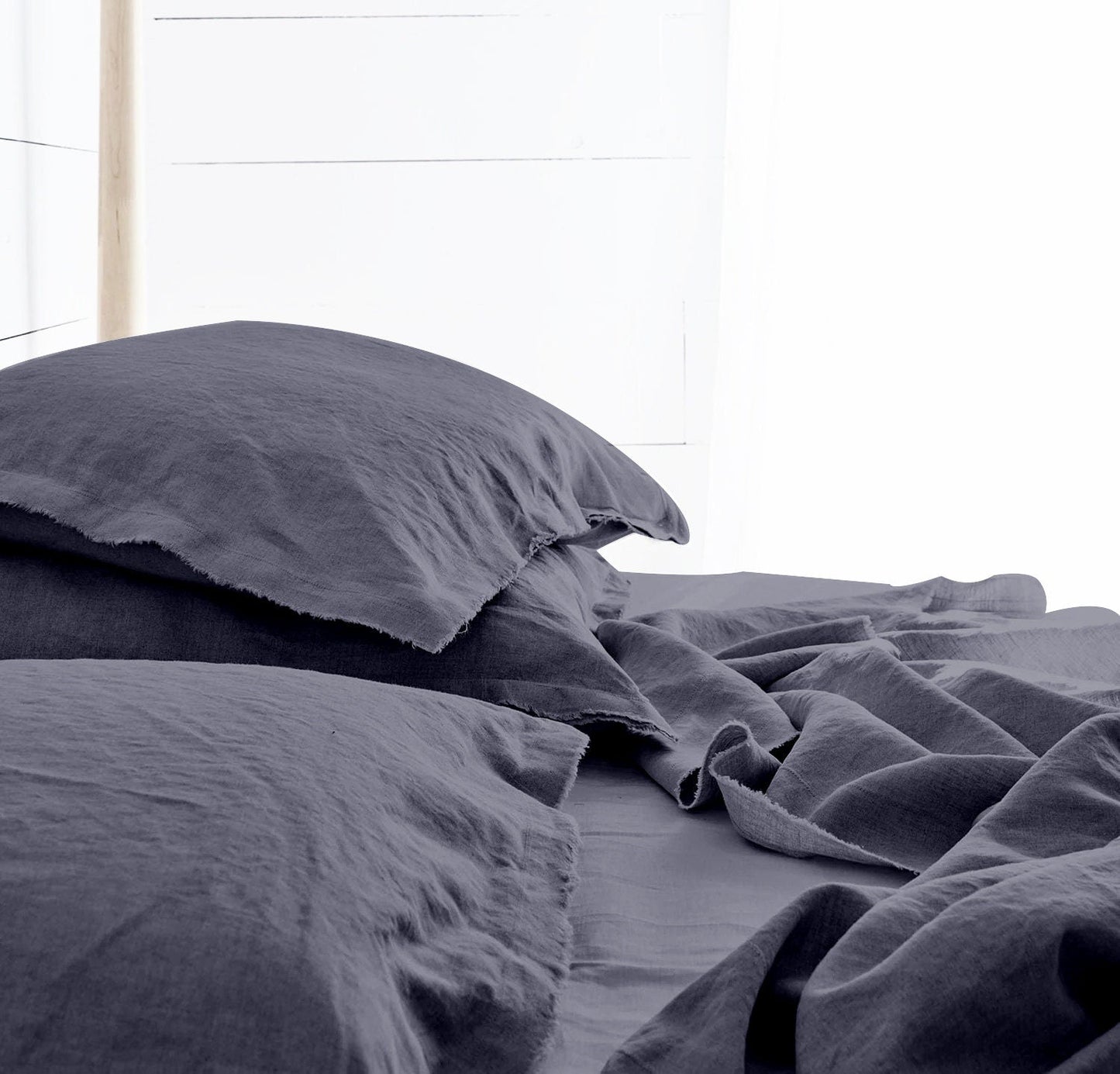 Raw Edged Charcoal Black - 100% Pure Linen | Linen Cotton Mix | 3 Piece Duvet Cover Set | 4 Piece Sheet Set | Handmade | Pre-washed | Soft-0