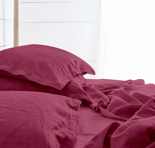 Raw Edged Berry - 100% Pure Linen | Linen Cotton Mix | 3 Piece Duvet Cover Set | 4 Piece Sheet Set | Handmade | Pre-washed | Soft-0
