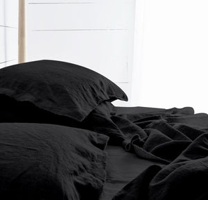 Raw Edged Pure Black - 100% Pure Linen | Linen Cotton Mix | 3 Piece Duvet Cover Set | 4 Piece Sheet Set | Handmade | Pre-washed | Soft-0