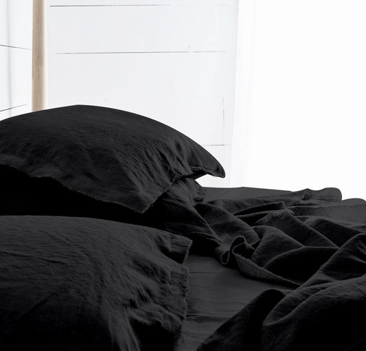 Raw Edged Pure Black - 100% Pure Linen | Linen Cotton Mix | 3 Piece Duvet Cover Set | 4 Piece Sheet Set | Handmade | Pre-washed | Soft-0